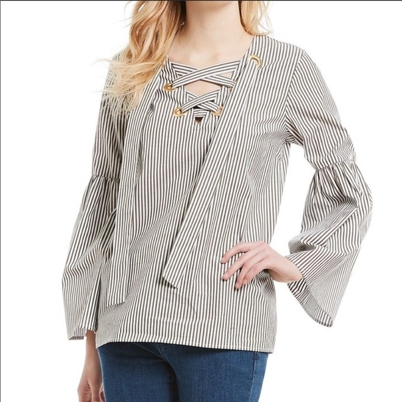 Michael Kor Blue & White Stripe Bell Sleeve Top Medium NWT Nautical - Picture 1 of 8